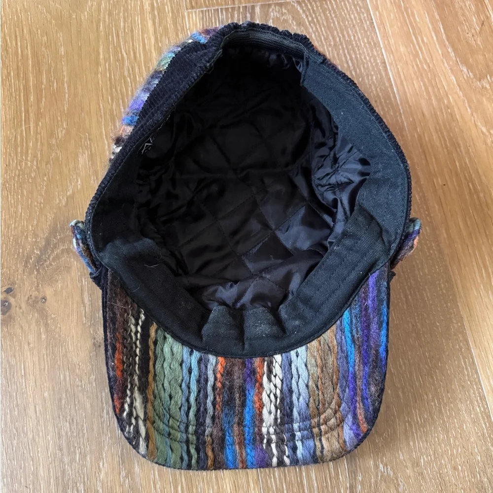 Y2K 2000s Adora Woven Yarn Rainbow Striped Black Corduroy Military Cap Hat